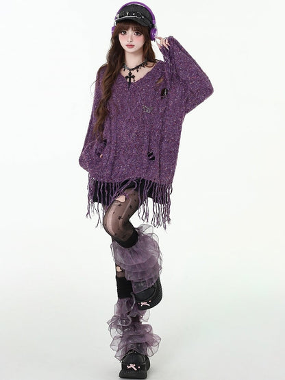 Distressed Holes Fringe Hem Purple Sweater with Free Sacrf