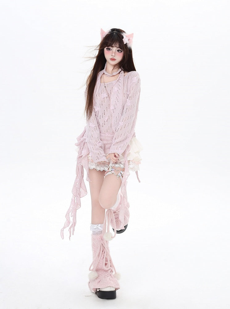 Free Cherry Blossom Pink Asymmetrical Hem Butterfly Coverup Scarf with Accents