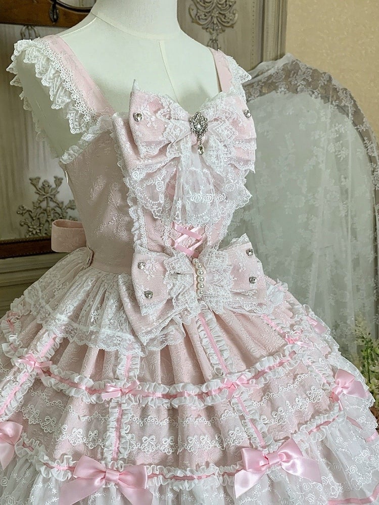 Pink Layered Skirt Hanayome Dress Sweet Hime Lolita Jumper Skirt with Removable Bows