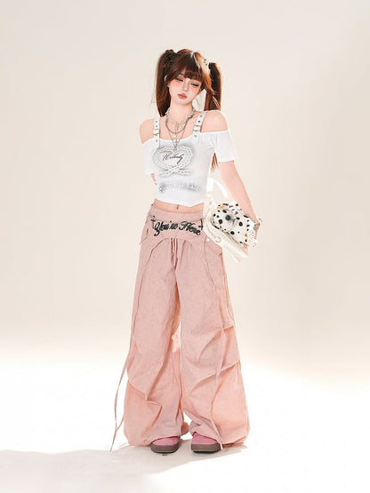 Accessory Pink/Gray Drawstring Wide-Leg Pants with Waist