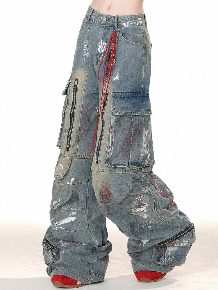 Blue with Wide-leg Cut Design Zipper Cargo Jeans Spray Paint Print