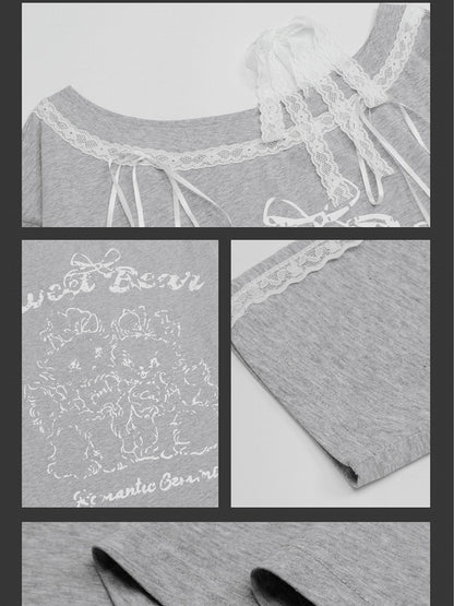 Grey Cartoon Lace Accents Asymmetrical Neckline Top