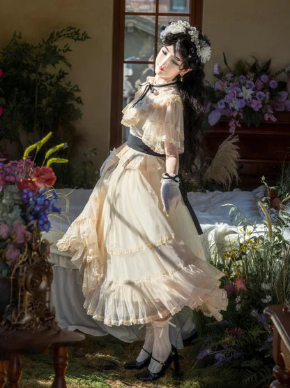 Beige Classic Waist Black Elegant Dress Neckline Lolita Illusion Edward Belt with