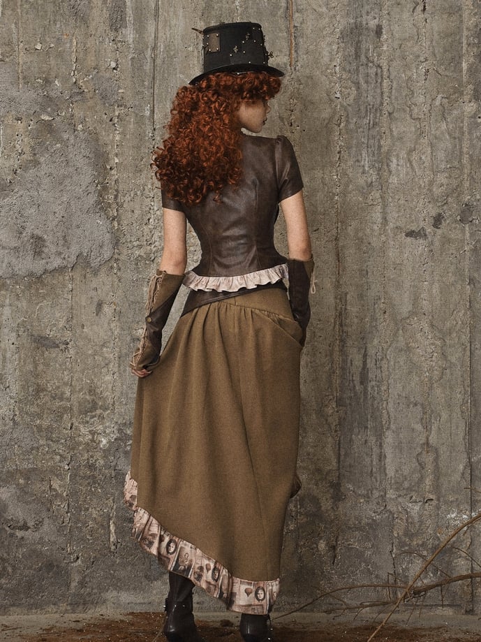 Brown Steampunk Leather Banded Collar Top