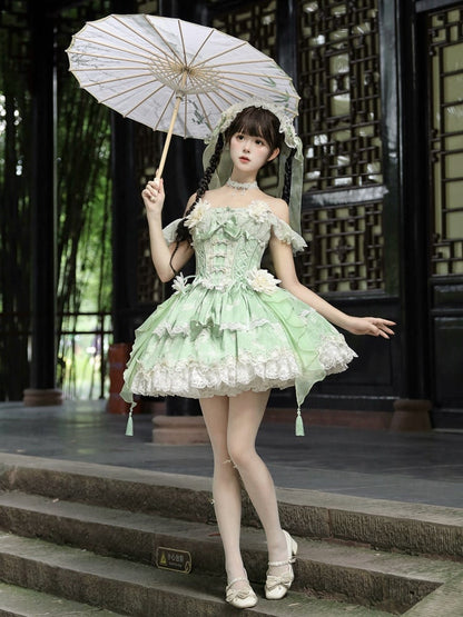 Green Top Frog Buttons Print Corset Skirt + and Jasmine-Embellished Floral Waist Lolita