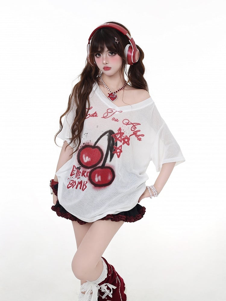 T-Shirt White Semi-Sheer V-Neck Cherry Print Sun Protection Bittersweet