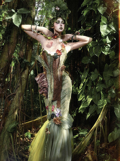 Forest Decorated Skirt Fairy Goth and Hem Tulle Floral Double Layers Green Butterfly Mermaid