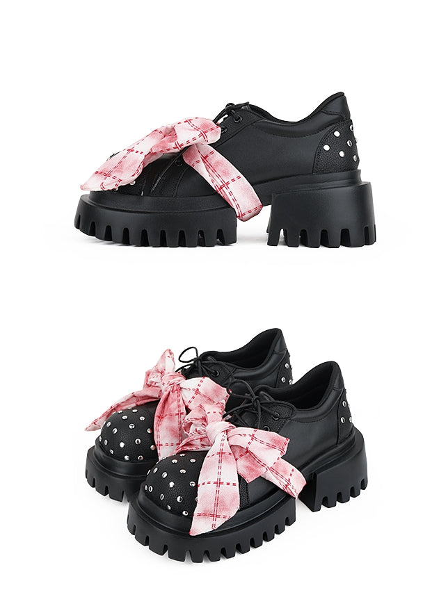 Bow Accent Studs Red Rock Plaid - Punk Black Platforms Silver Knotted Details