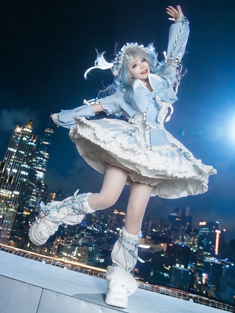 Kitty Light Bow Kaiwai Set Blue JSK Dress Cropped Tenshi Lolita Sailor Striped Big Top Pattern Ears + - Collar