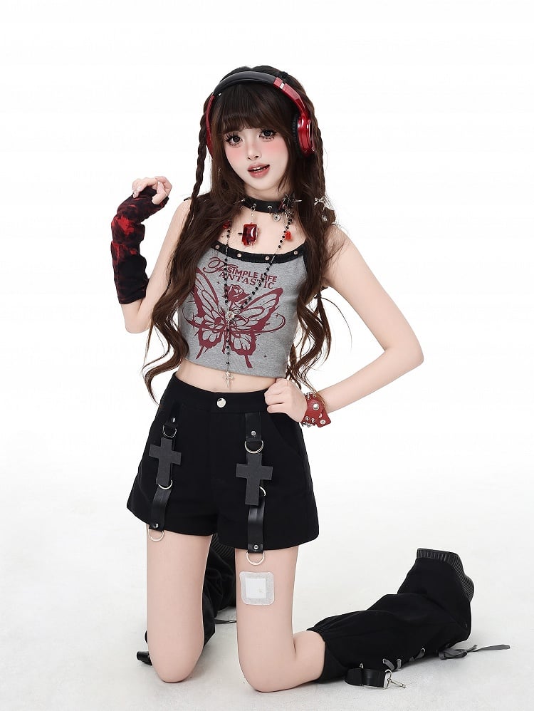 Black Shorts Detail Embellished Lace-up Cross with Leg Warmers Detachable