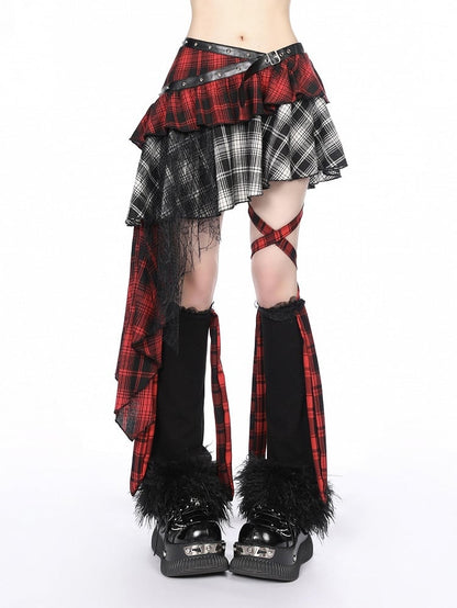Asymmetrical Red  White Plaid Tiered Skirt with Cascading Lace Ruffle Trim
