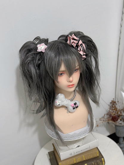 Clips Wig Gray Double Ponytail + 30CM Claw Bangs 38CM Straight Length With Ombre Hair Color