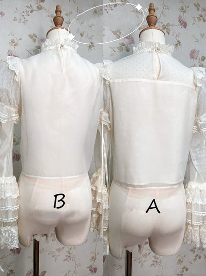Tüll Weiß mit Ärmeln Creme Abnehmbare Bluse Gepunktet Puff