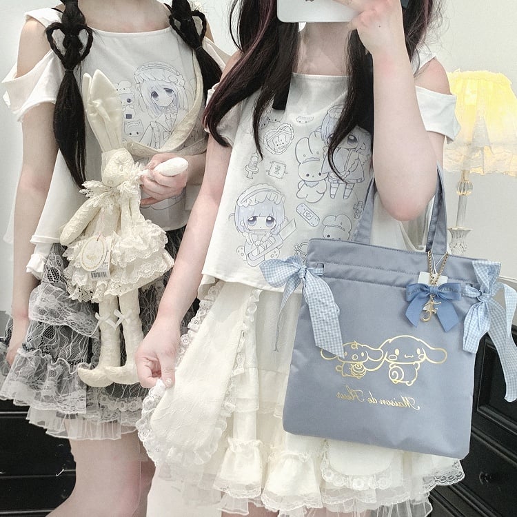 Yami Kawaii Cartoon Print Cutout Shoulder White Jirai Kei T-shirt