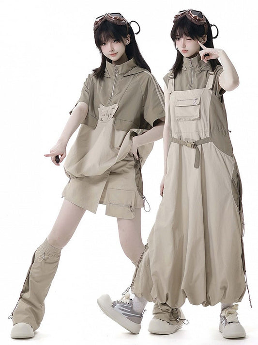 and Techwear Overall Bubble Skirt Details Khaki Snap Drawstring