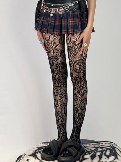 White/Black Pattern Tights Floral Hollow-out Design