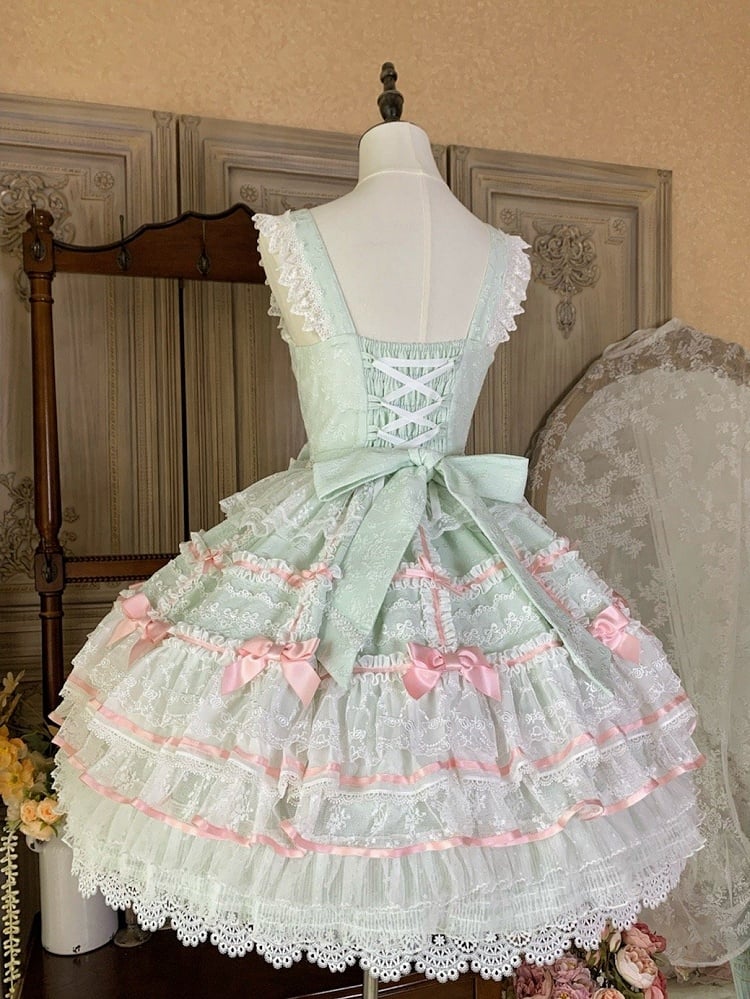 Mint Green Layered Skirt Hanayome Dress Sweet Hime Lolita Jumper Skirt with Removable Bows