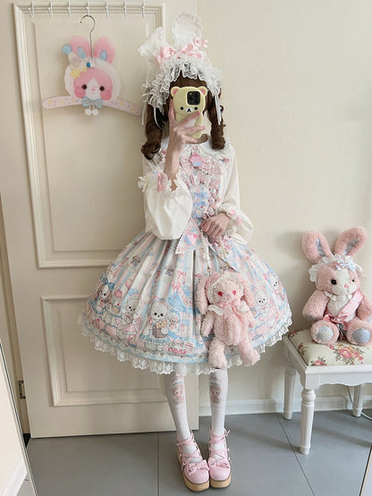 Puppy's Lolita Sweet Print Dress Afternoon with Ribbon Flags Tea