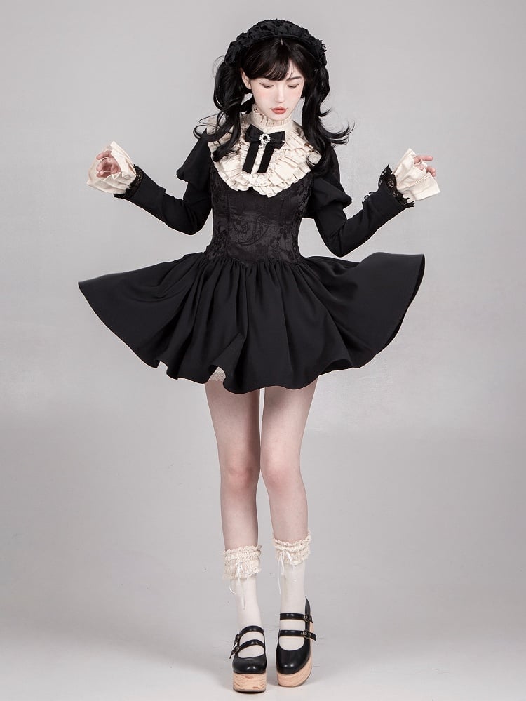 Black Boned Waist Square Neckline Elegant Lolita Dress Short Version