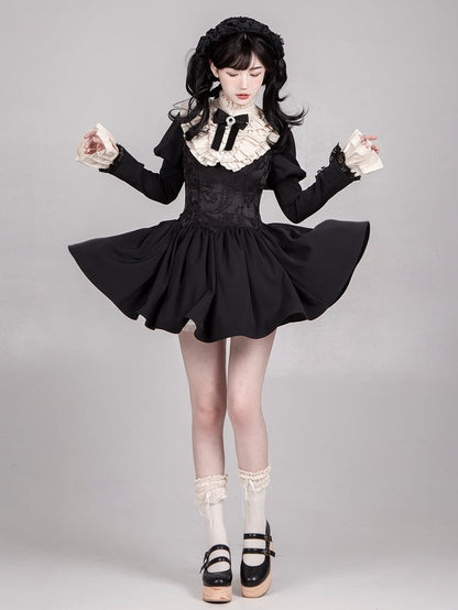 Black Boned Waist Square Neckline Elegant Lolita Dress Short Version