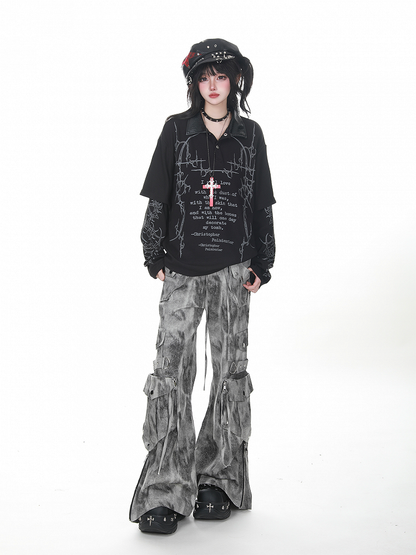 Gray/Green Faded Vintage Dark Wash Wide-Leg Cargo Jeans with Zippered Cuffs