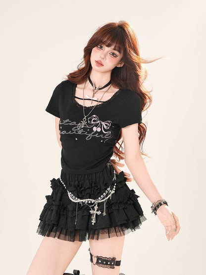 Bowknot Rhinestones Embellished Letter Lace Trim T-Shirt White/Black Print