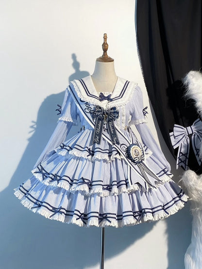 Striped Blue with Sleeves Detachable Lolita Collar Summer Dress Short Sailor