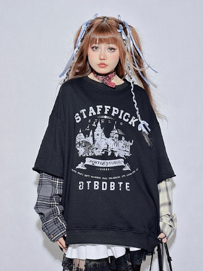 Black Plaid Round Neck Letter Fake Two-piece Sweatshirt