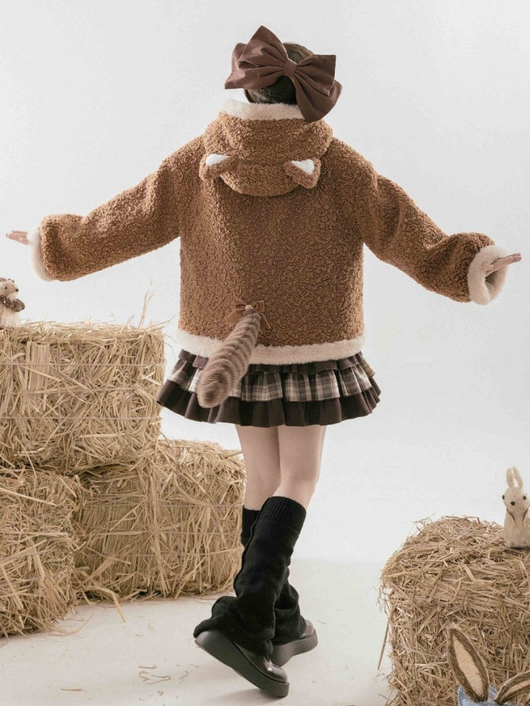 Brauner Fleece-Wintermantel mit Kapuze und Ohren des Kleinen Pandas