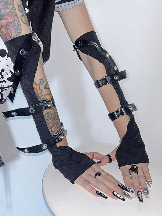 Black Punk Half Finger Gloves with Buckle Straps