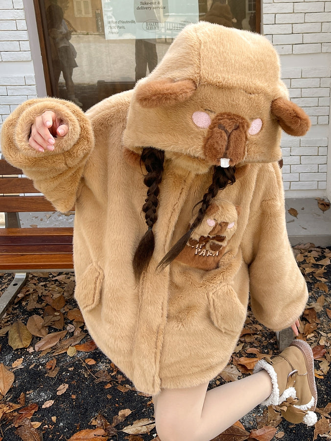 Cute Capybara Adorned Brown Plush Zip Hoodie