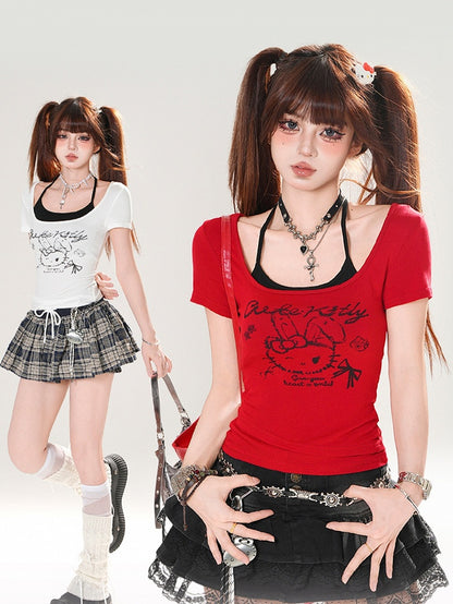 Top T-shirt Halter Print Set Bunny Red/White Neck Black with