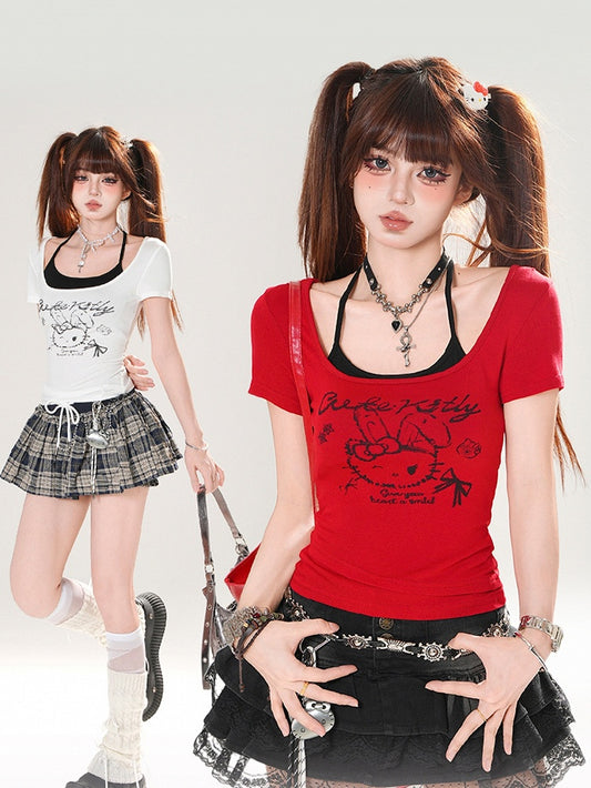 Top T-shirt Halter Print Set Bunny Red/White Neck Black with