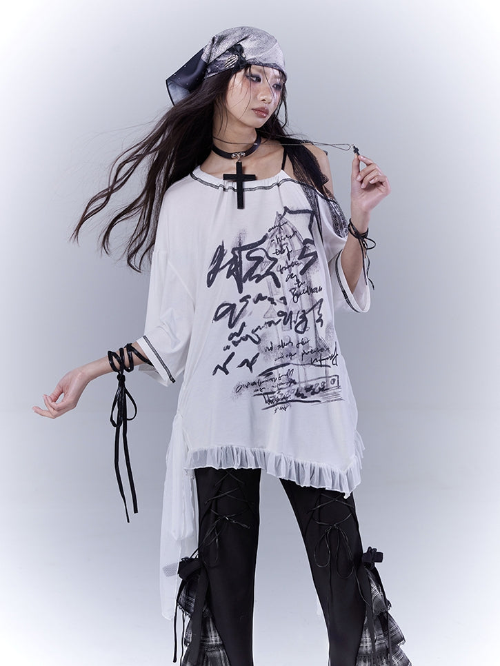 Graphic T-Shirt with Waist Hem White Asymmetrical Neckline Ruffle Strap Self-tie