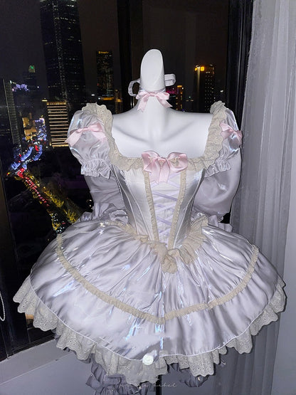 Light Dress Square Neckline and Short Puff Sleeves Sweet Lolita Princess Purple Puffy