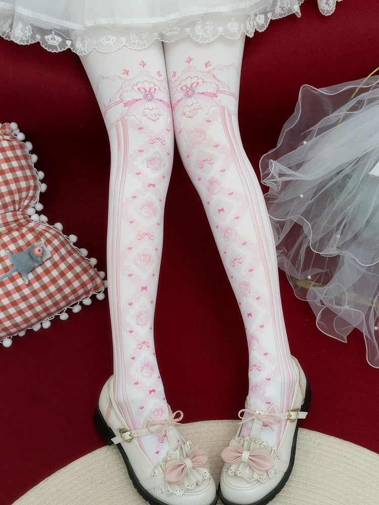 Print Tights Floral And Red/Pink/Blue/Black/Yellow Bowknot