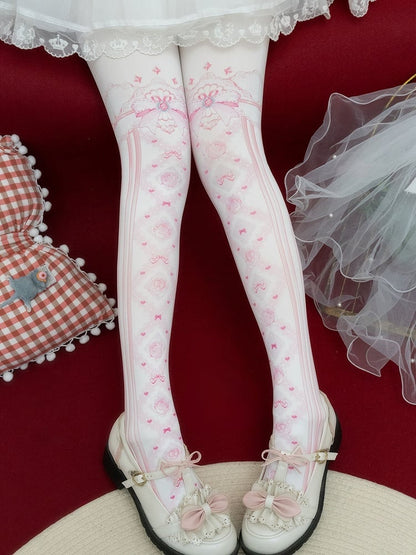 Print Tights Floral And Red/Pink/Blue/Black/Yellow Bowknot