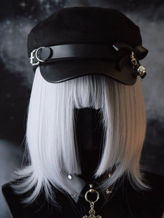Charm Black Gothic Buckle Design Beret Bell Bowknot Hat Decorated
