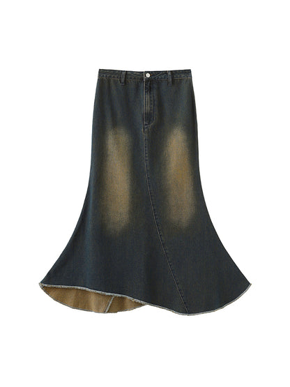 Blue Irregular Skirt Washed with Mermaid Hem Denim Vintage