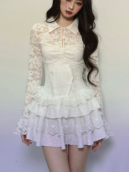 White Cutout Detail Bell Sleeves Tiered Skirt Lace Mini Dress