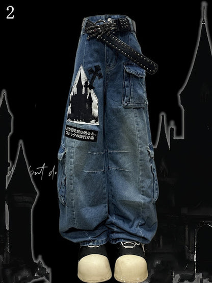 Decorated Cut Jeans Cargo Y2K Letter Pockets Blue Wide-leg Applique