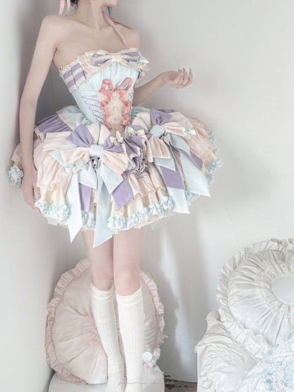 Purple Bowknots Skirt Big Lace-up Basque Waist Tiered Ruffle Sweet Lolita Dress and with Blue on
