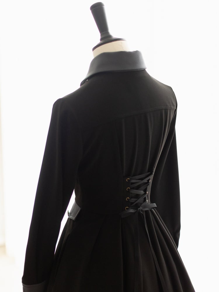 Black Retro Elegant Front Bronze-tone Buttons Placket Classic One Piece