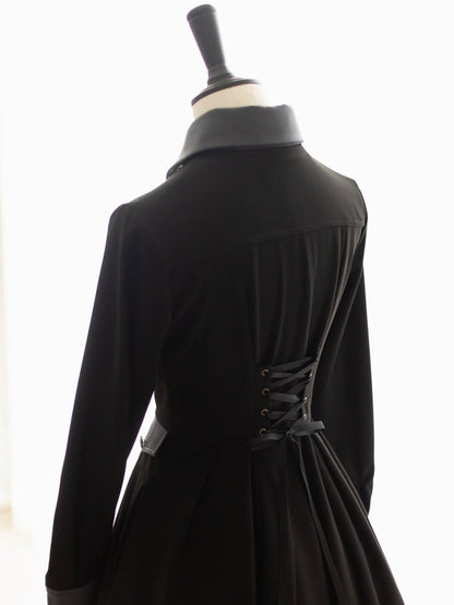 Black Retro Elegant Front Bronze-tone Buttons Placket Classic One Piece