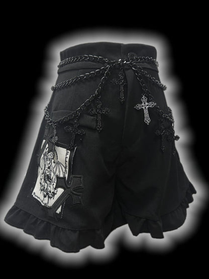 Gothic Black CrossPatches High Waist Ruffle Trim Shorts with Free Waist Chain