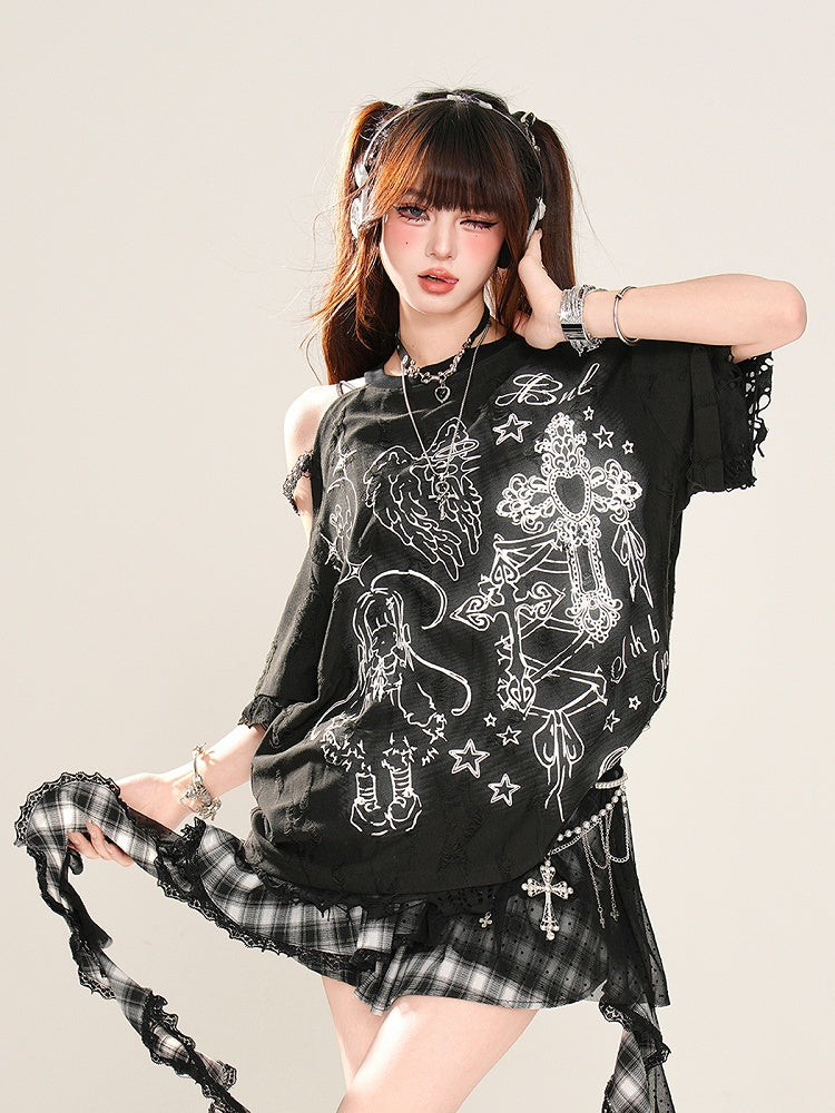 Apricot/Black Cutout Shoulder Lace Trim Graphic T-Shirt