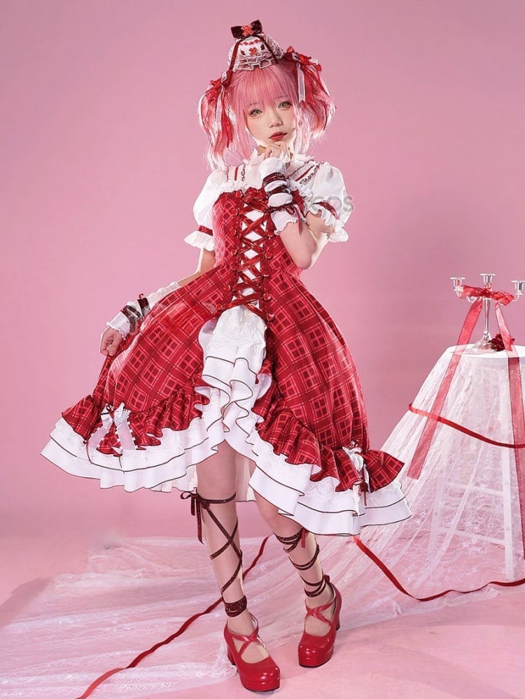 Shugo Chara Hinamori Amu Red Plaid Dress Lolita-Style Cosplay Costume