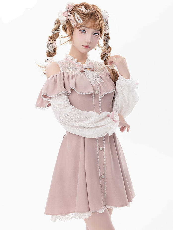 Pink Illusion Neckline Cutout Shoulder Jirai Kei Long Sleeves Dress with Bow Tie