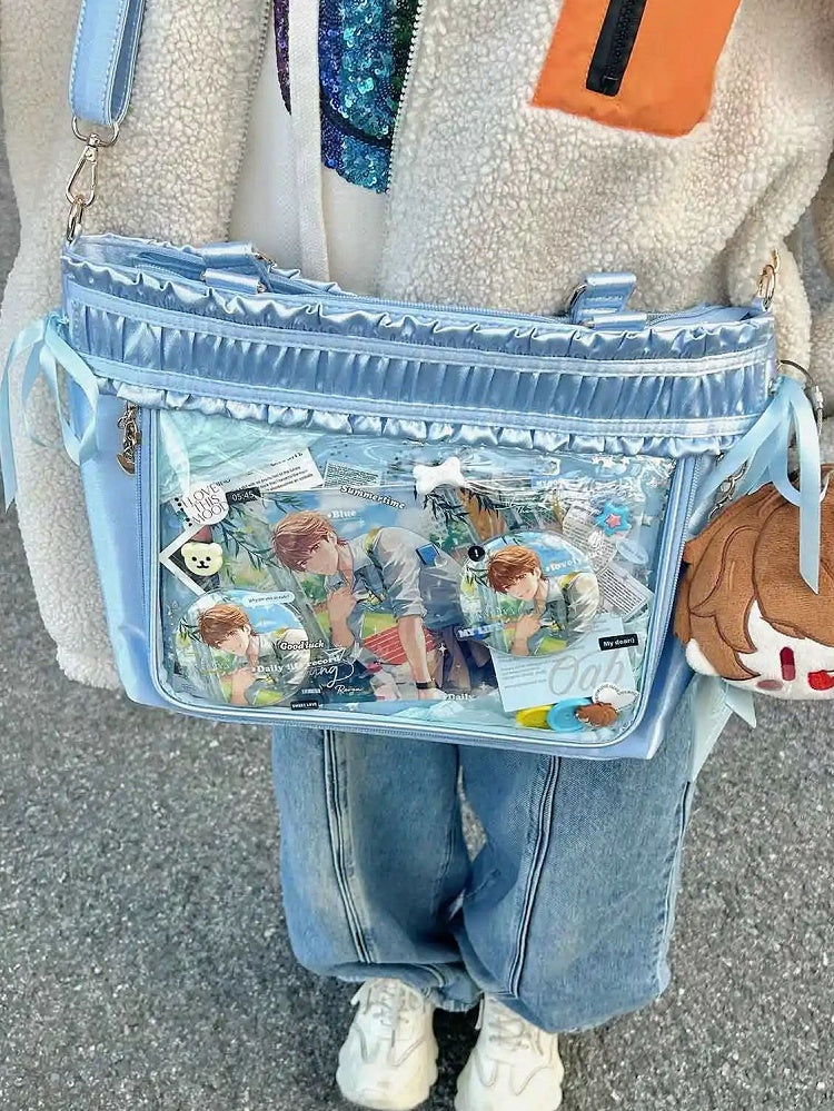Capacity Tote Ruffled Ribbon Bow Large Ita Bag Trim Blue