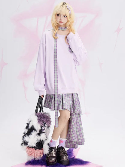 Purple Plaid Patchwork Fake Two-piece Sweatshirt Dress Asymmetrical Hem with Free Scarf